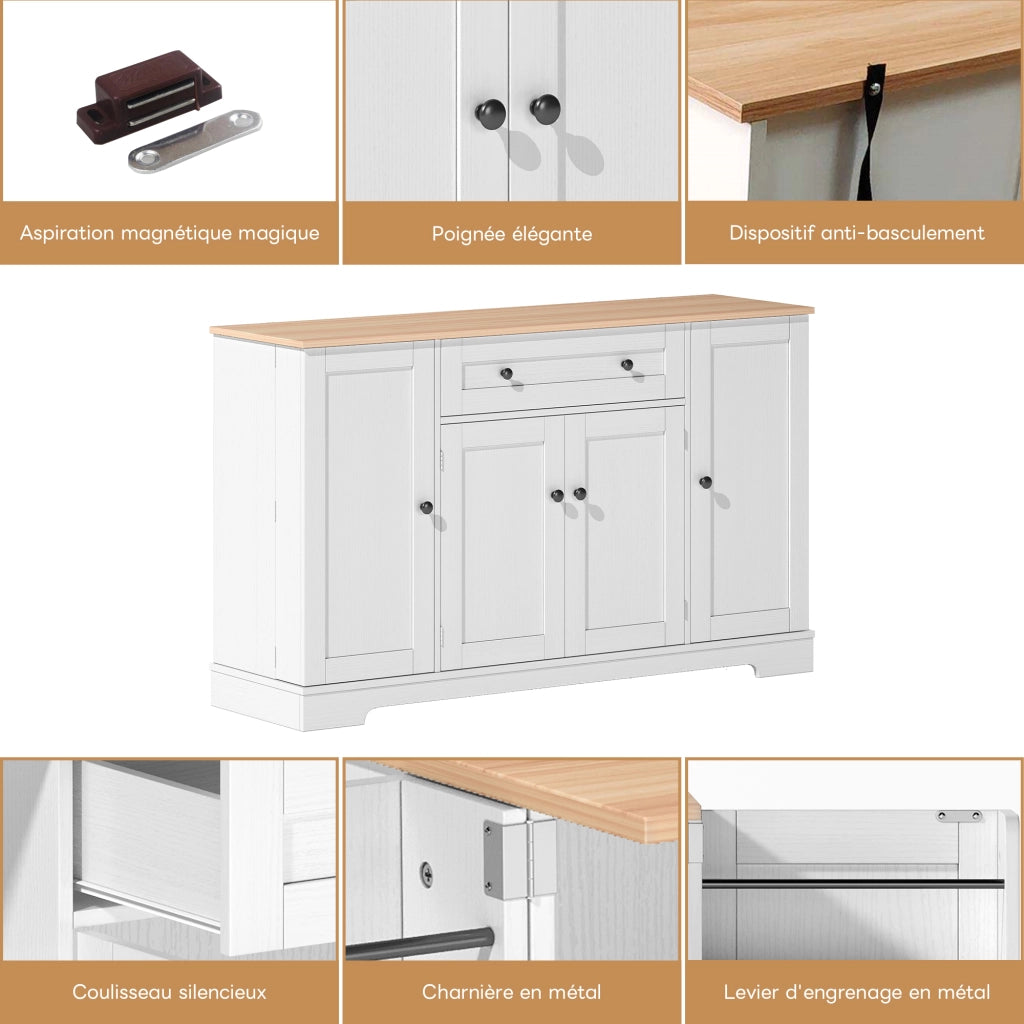 Credenza con 1 cassetto e 4 vani; ripiani regolabili - per cucina - in MDF - 138 cm - naturale e bianco