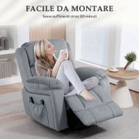 Poltrona Alzapersona a 8 Punti Massaggianti e Tasca Portaoggetti, in Finta Pelle e Acciaio, 90x95x103 cm, Grigia