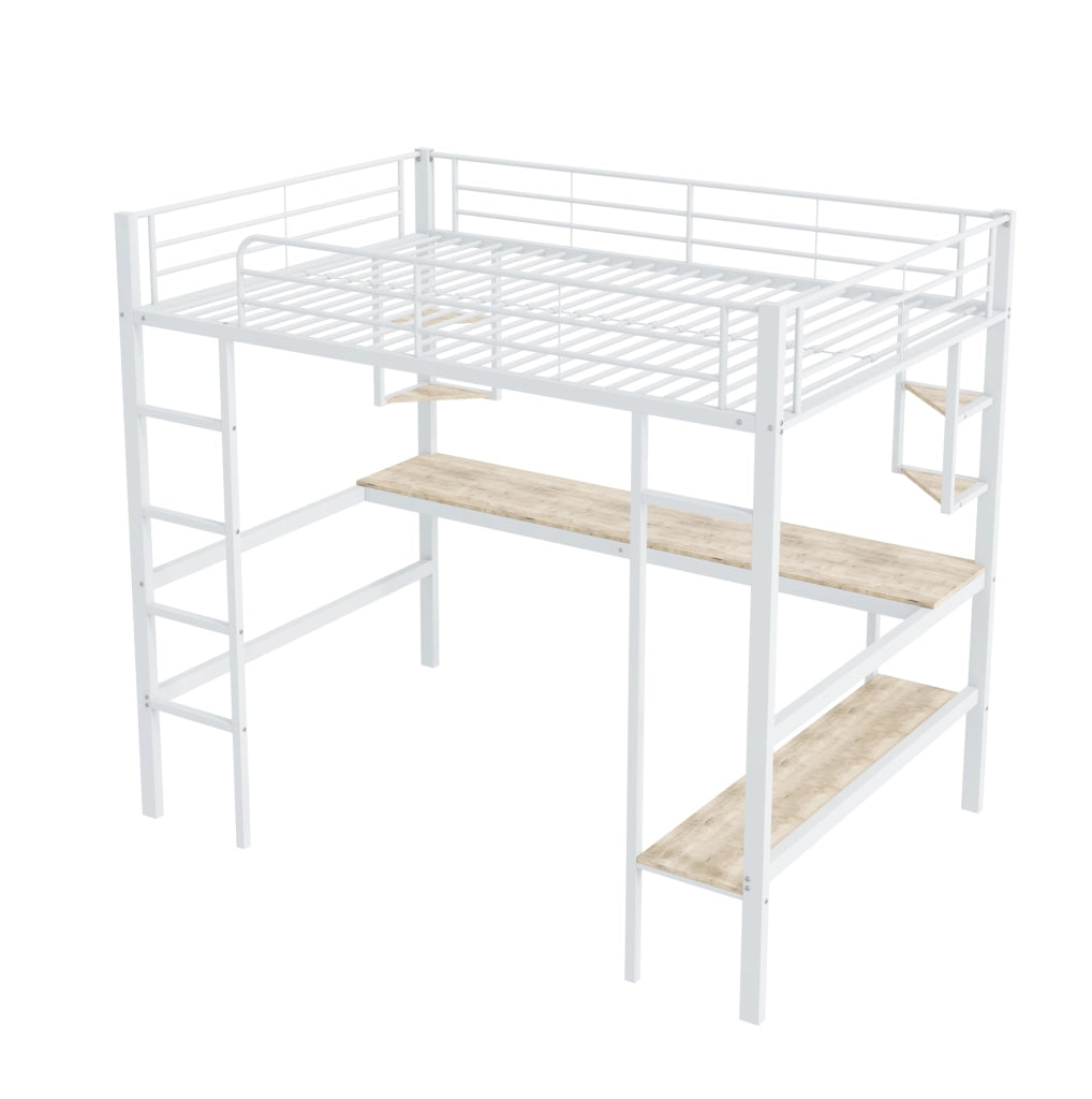 Letto a soppalco 140x200 cm con scrivania; scaffali e libreria in metallo e MDF; bianco