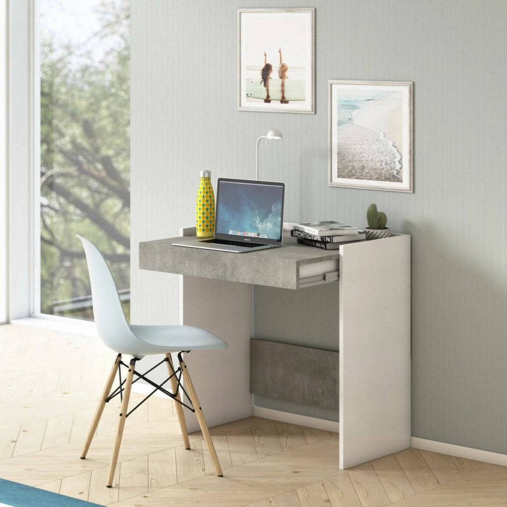 Scrivania Adri, Scrittoio moderno con cassetto, Tavolo da studio o ufficio porta PC portalibri, Made in Italy, Cm 80x40h79, Bianco e Cemento