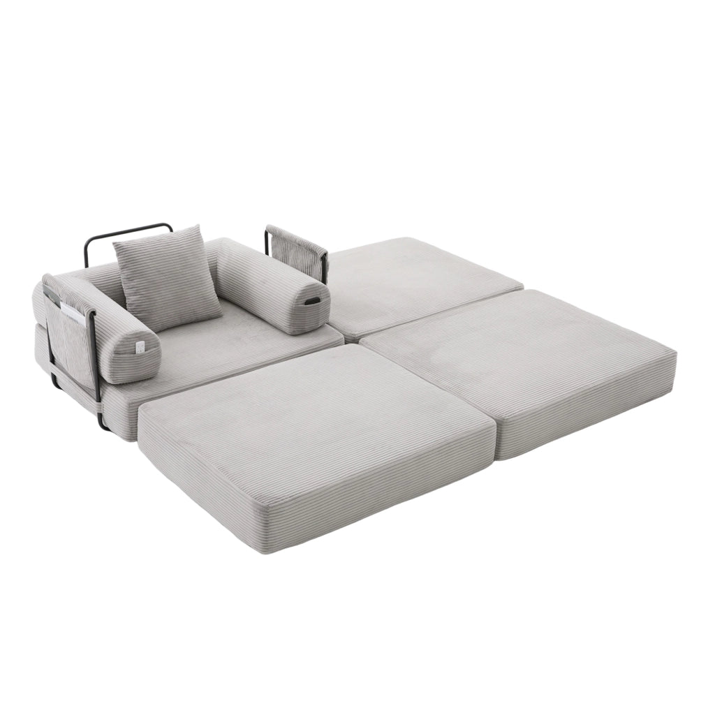 Divano modulare in velluto a coste con pouf grigio chiaro