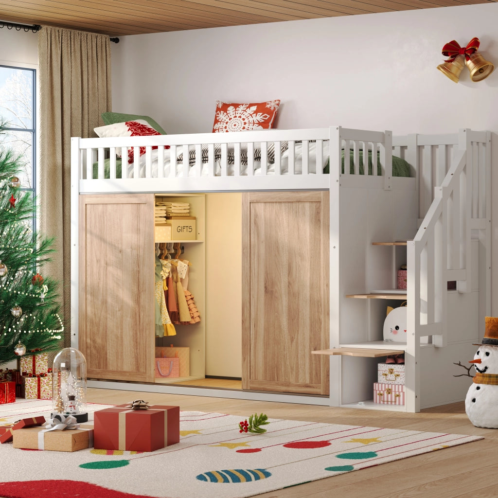Letto a soppalco per bambini 90x200 cm con armadio e scala contenitore, bianco e rovere, senza materasso
