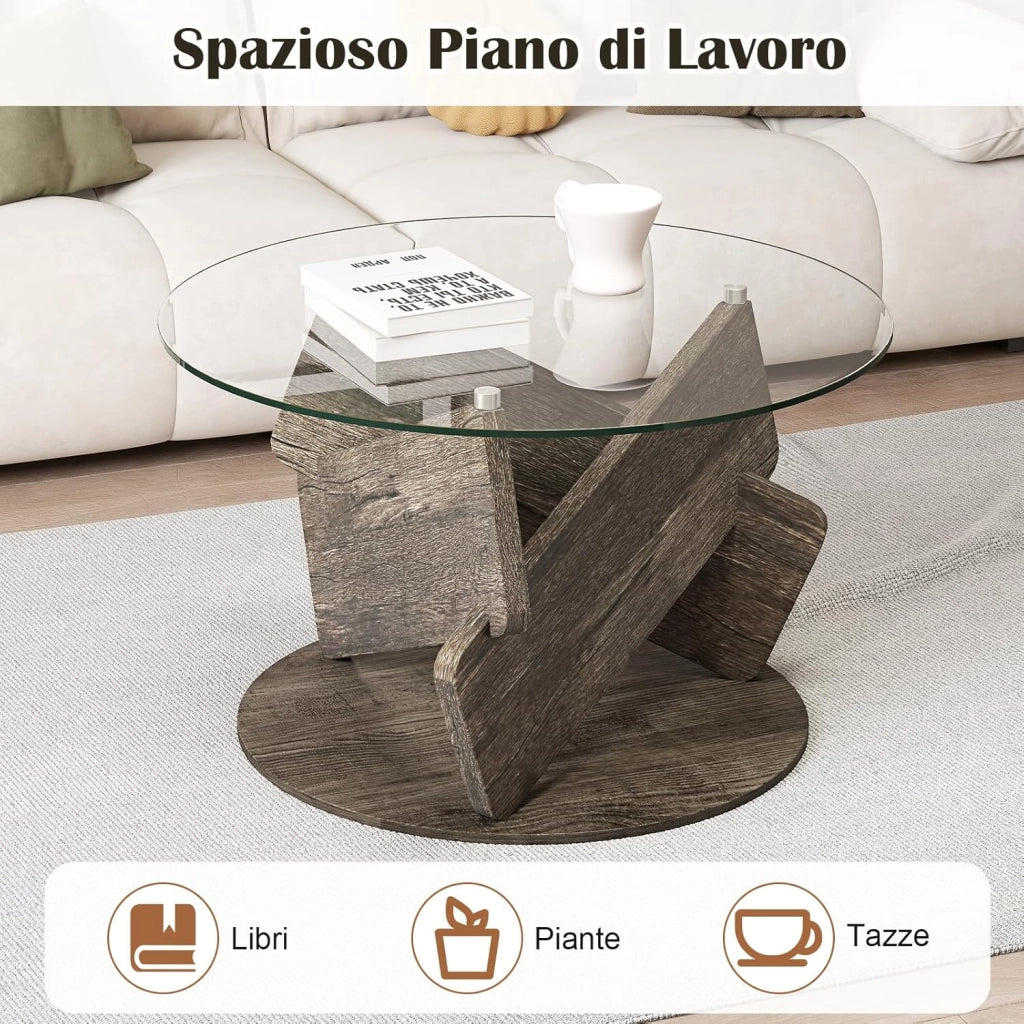 Tavolino da Salotto Rotondo con Piano in Vetro Temperato, Tavolo Basso da Caffè con Base in Legno e Piedini Antiscivolo, Tavolino Moderno per Soggiorno, Ufficio, Camera da Letto