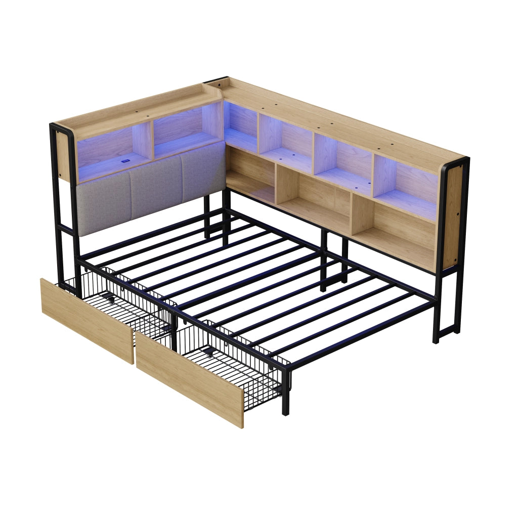 Letto Imbottito con LED, USB e Cassetti ¨C MINIMAL ¨C 90x200, Metallo, Naturale