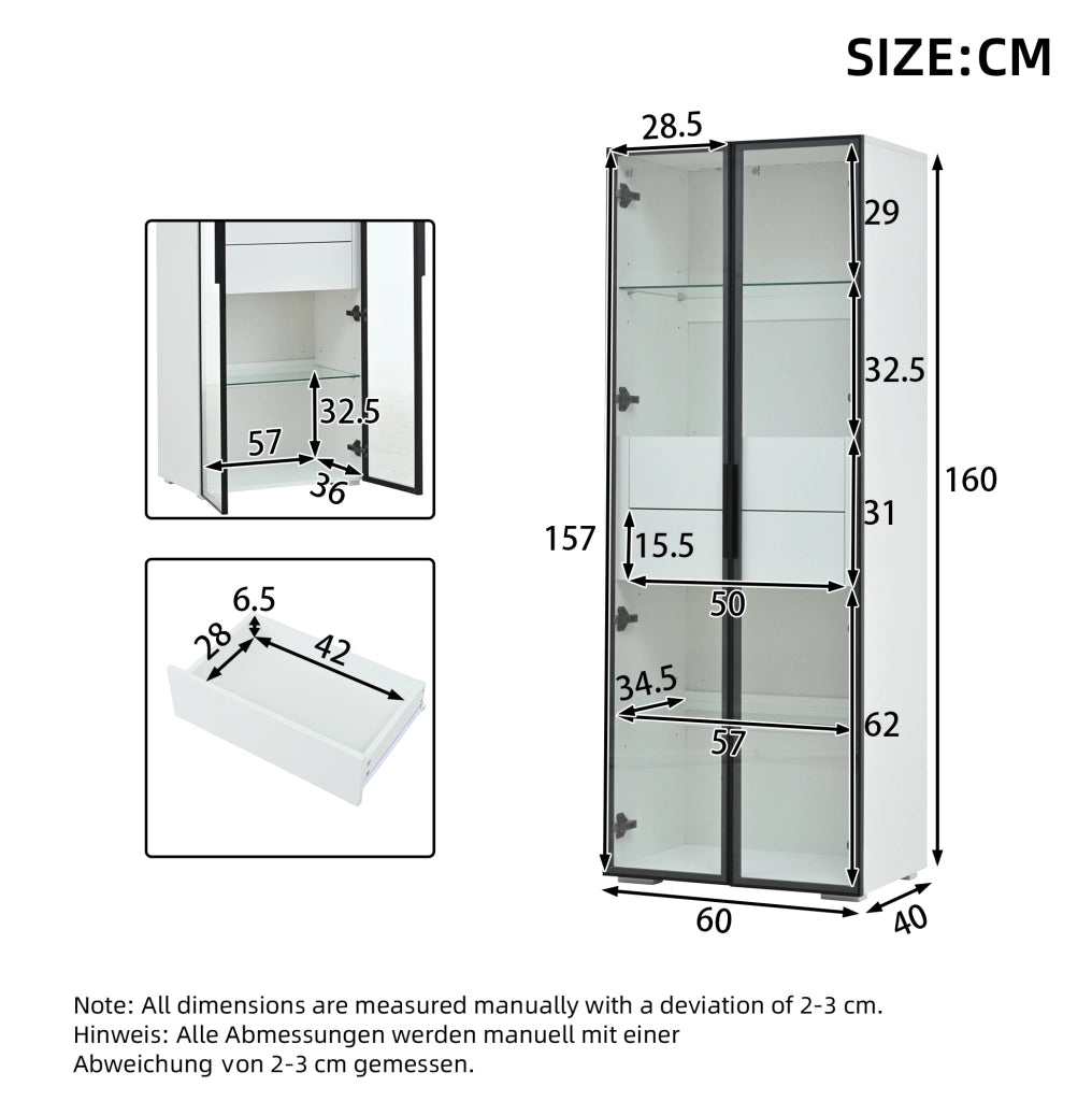 Vetrina da soggiorno 60x40x160 cm in MDF e vetro temperato; bianco; con LED e 2 cassetti
