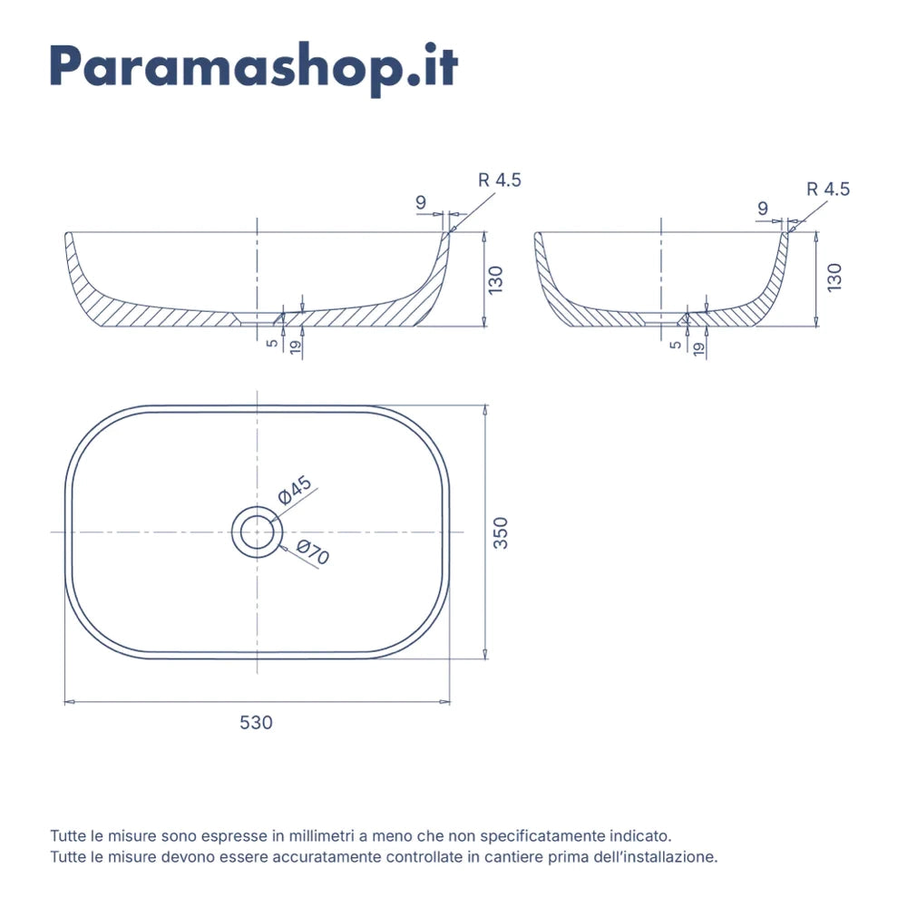 Lavabo da appoggio rettangolare in microcemento 53x35x13 cm bianco | Braies
