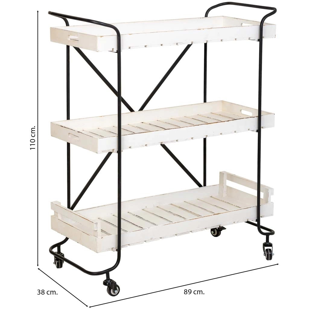 Carrello in legno bianco con 3 vassoi 89x38x110h cm