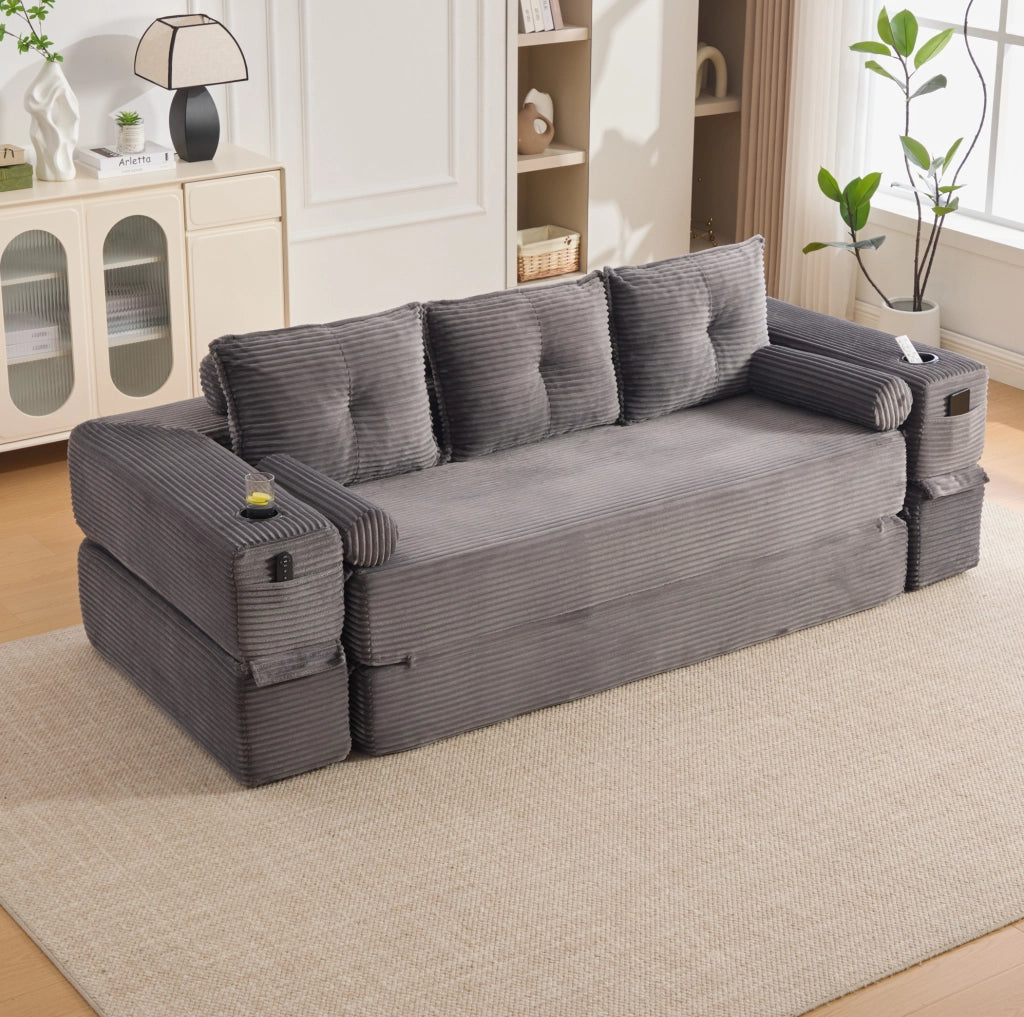 Divano Letto in Velluto a Coste per 3 Persone con Schiuma ad Alta Densità e Molle, Cuscini Memory e Porta Bevande, 232x98x80 cm