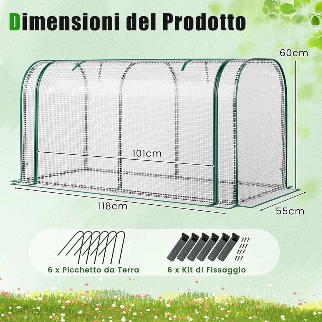 Mini Serra 118 x 55 x 60 cm, Serra con Copertura Impermeabile e Protettiva dal Sole in PE, Struttura Metallica Resistente alla Ruggine e Porta con Cerniera Arrotolabile (Bianco)