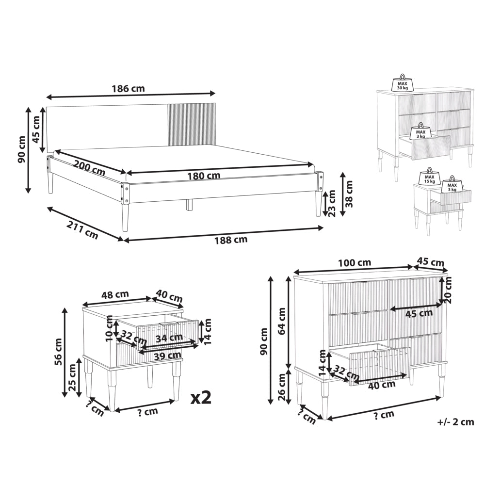 Set da camera da letto in legno di pino con letto matrimoniale 2 comodini e cassettiera a 6 cassetti 180 x 200 cm marrone chiaro stile scandinavo