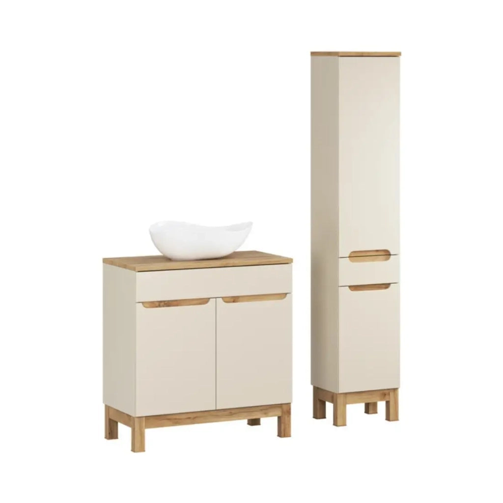 Insieme ERMANO cashmere e finitura quercia 115cm: mobile sottolavabo + lavabo da appoggio bianco asimmetrico + colonna