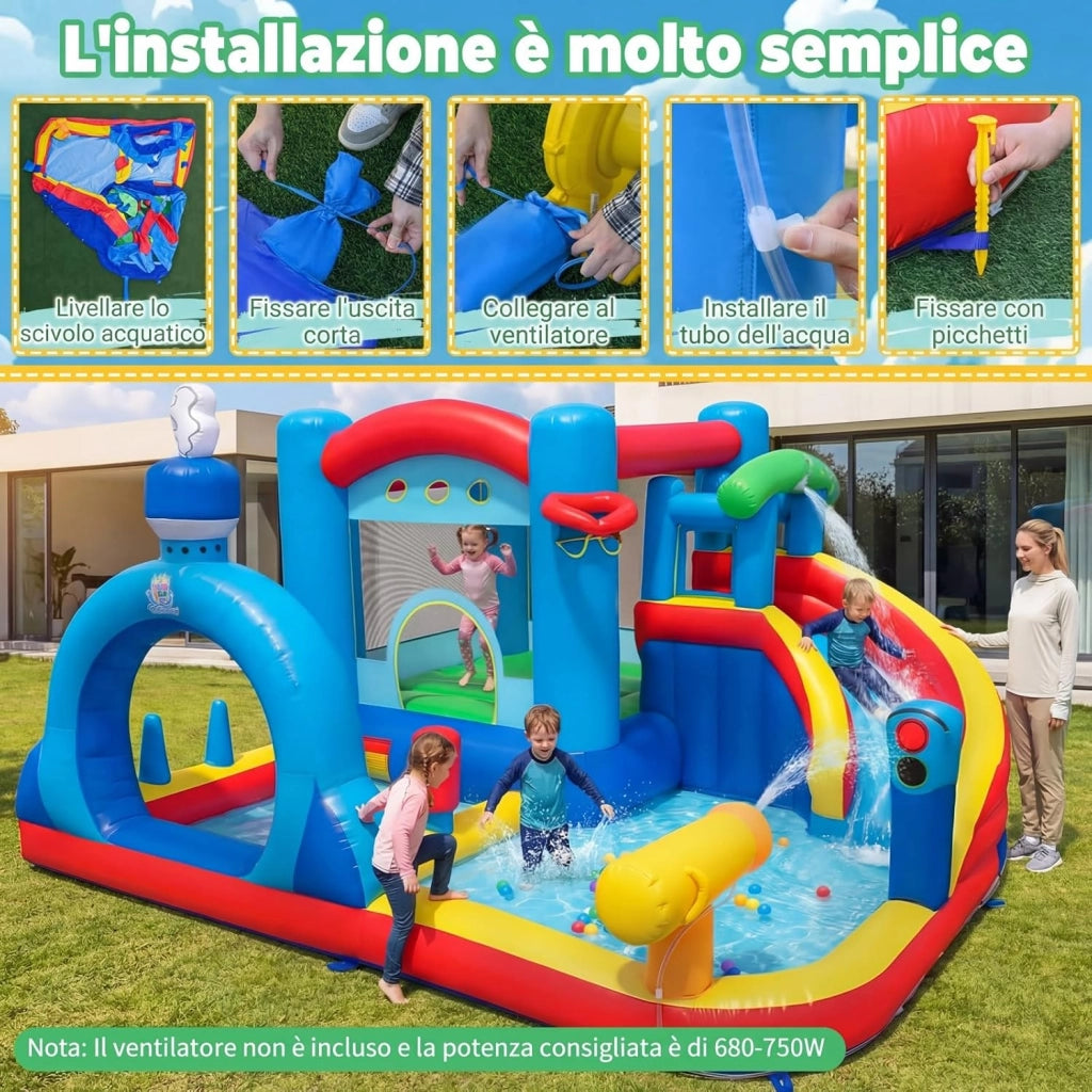 Castello Gonfiabile per Bambini, Casa Gonfiabile con Piscina, Cannone d'Acqua, Gioco con Anelli, Gioco a Bersaglio e Parete d'Arrampicata, Parco Acquatico da 3-12 Anni per Esterno