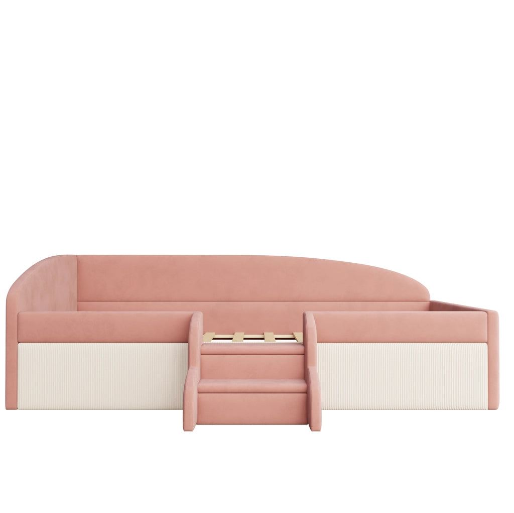 Letto imbottito per bambini 90x190 cm con gradini, sponde e rivestimento in velluto