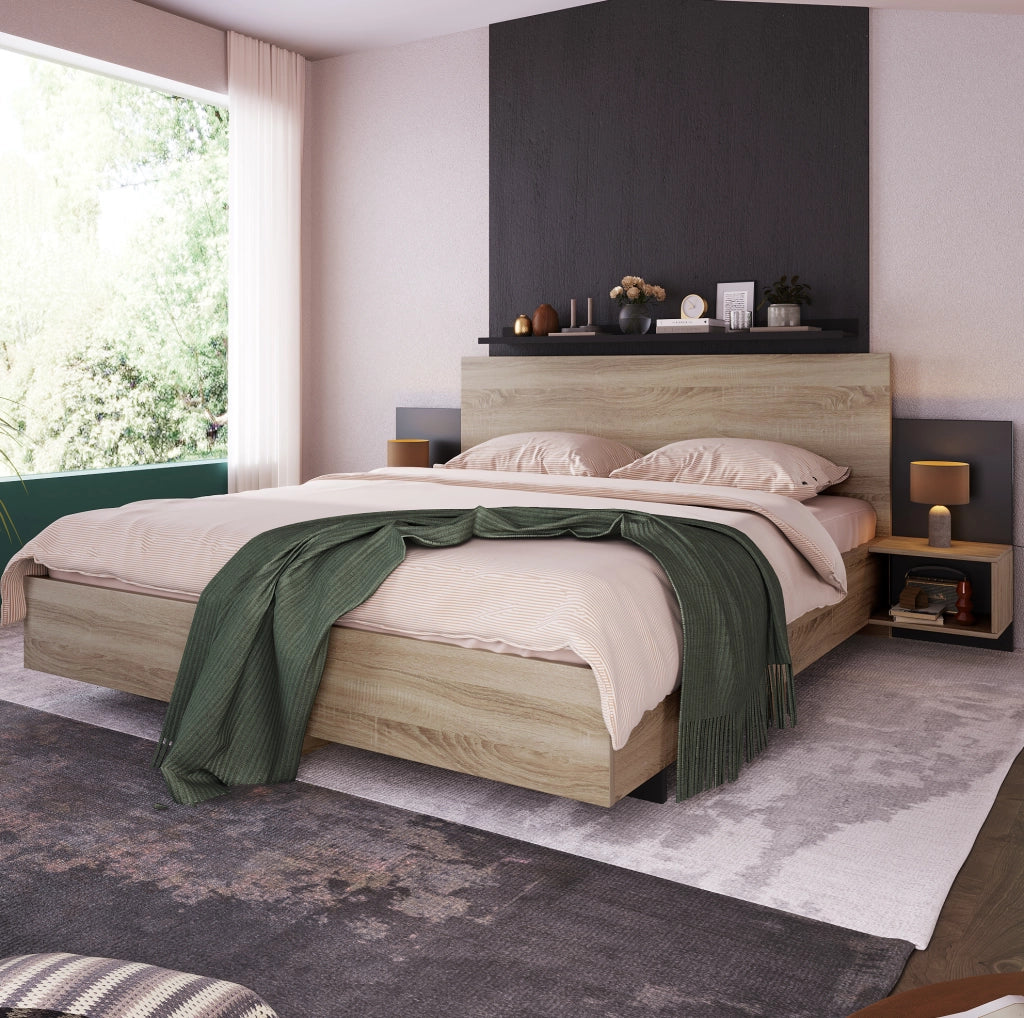 Letto matrimoniale ULEVR 160x200 cm con 2 comodini integrati e rete a doghe, rovere Sonoma e grigio scuro