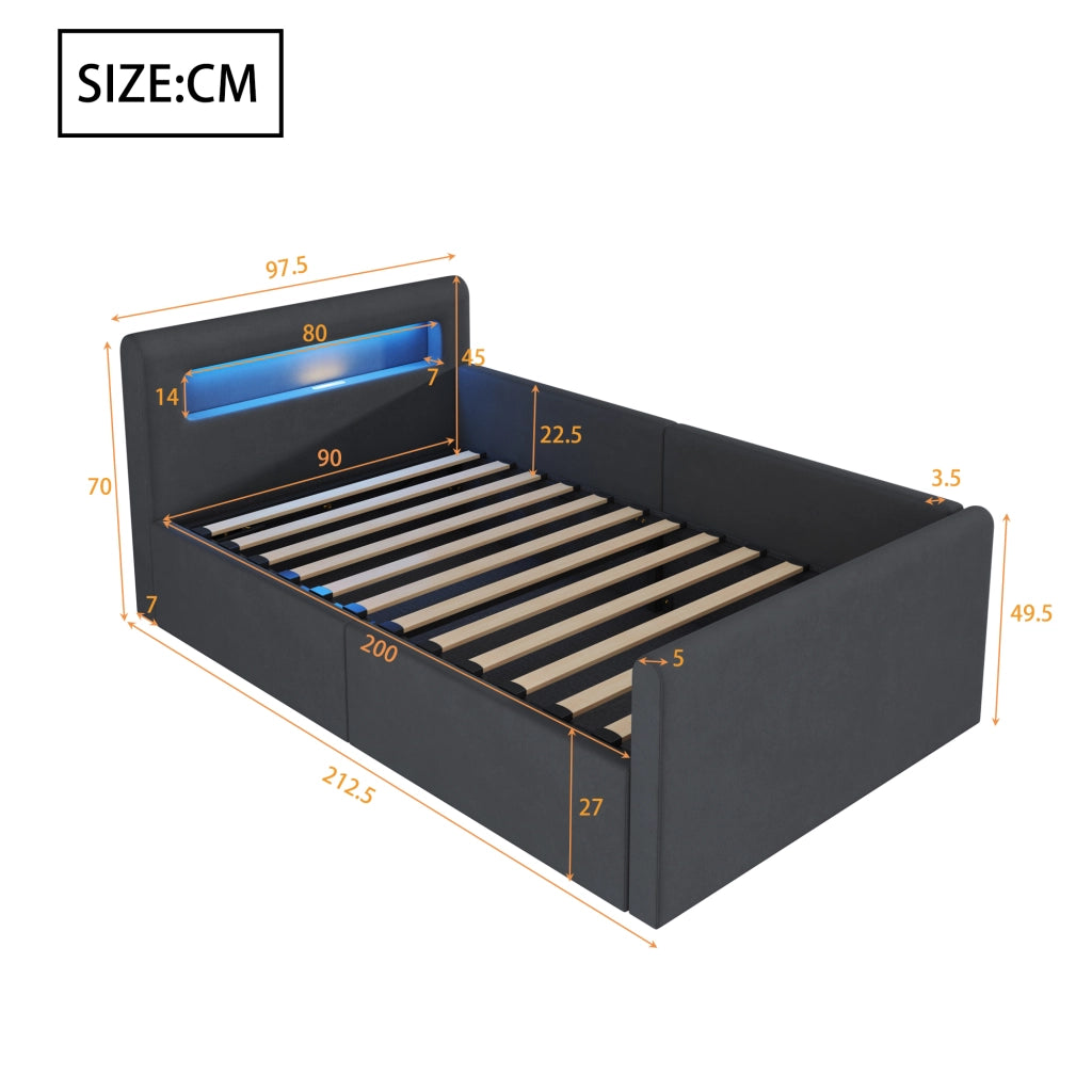 Letto 90x200 cm - Letto imbottito,Con luce notturna,Porta di ricarica USB,Con vani portaoggetti,Velluto,Funzione di accumulo idraulico,Grigio scuro