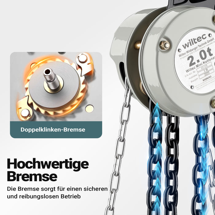 Mini paranco a catena manuale VSK-2, capacità di carico 2 t, altezza di sollevamento 3 m, per sollevare e abbassare carichi pesanti in officine, magazzini e cantieri, per impieghi gravosi