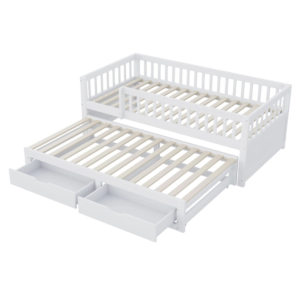 Letto multifunzione 90x200 cm con letto estraibile; 2 cassetti e rete a doghe; bianco