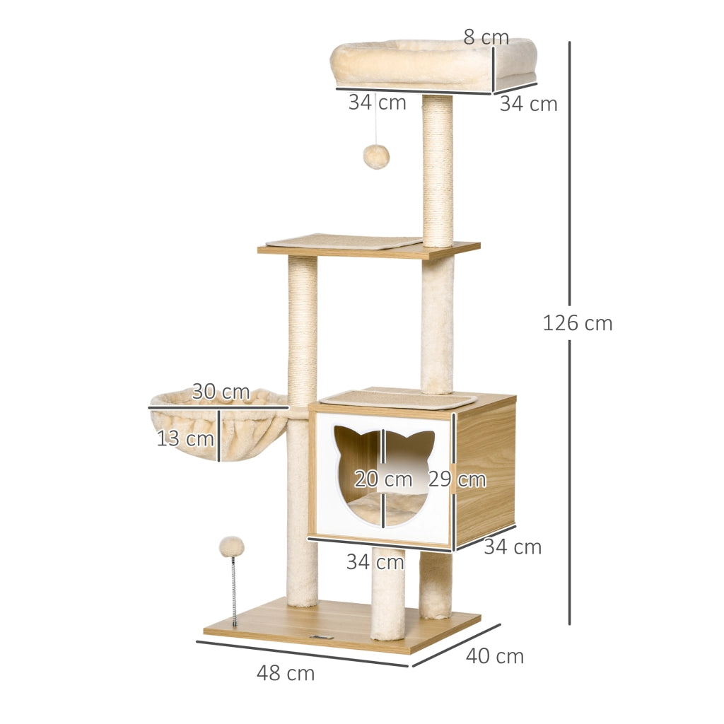 Tiragraffi per Gatti con 2 Pali Casetta e Lettini 48x40x126 cm in Legno Peluche e Sisal Beige