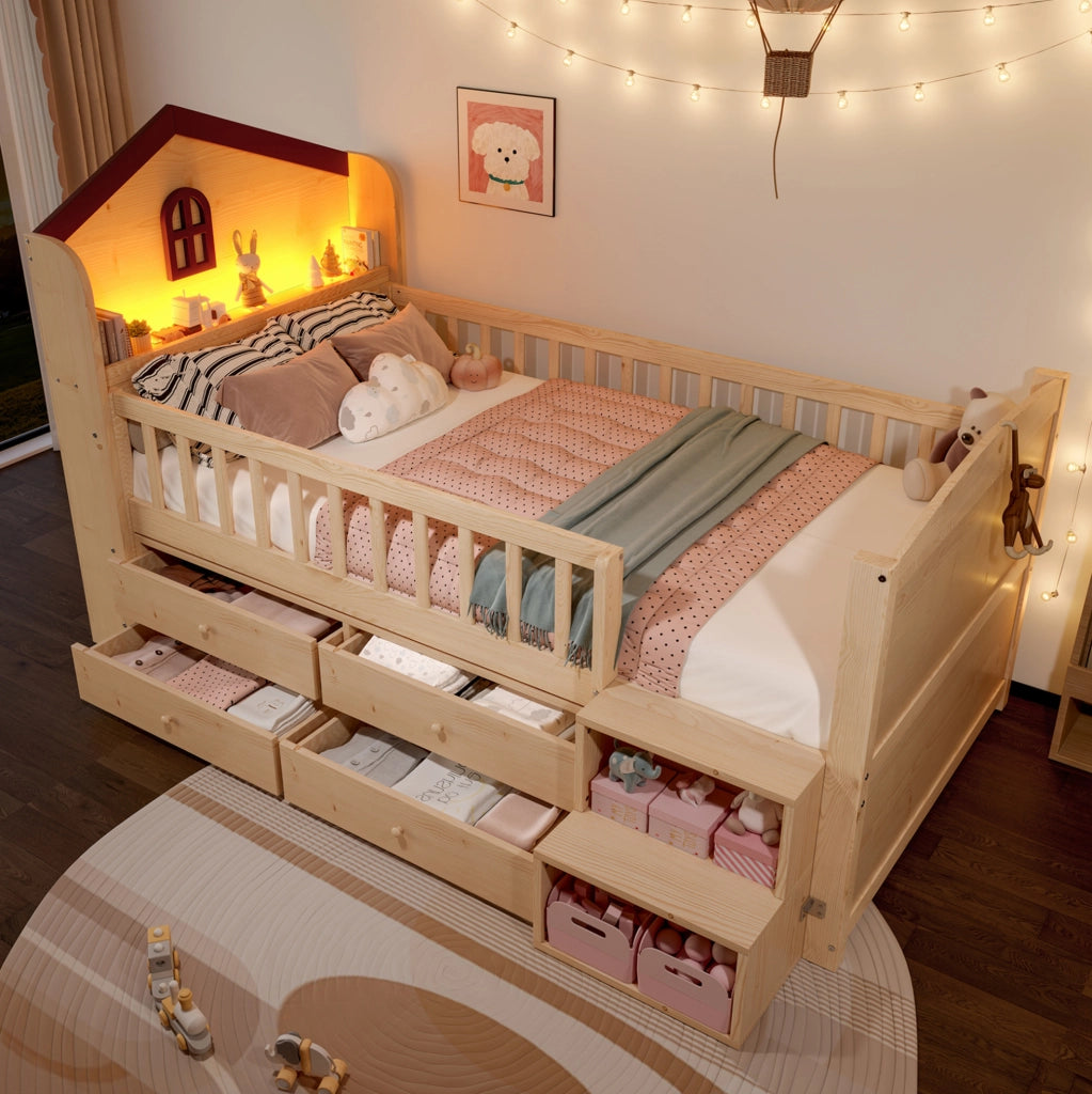 Letto semialto 90x200 cm con LED; scala e contenitori in pino naturale