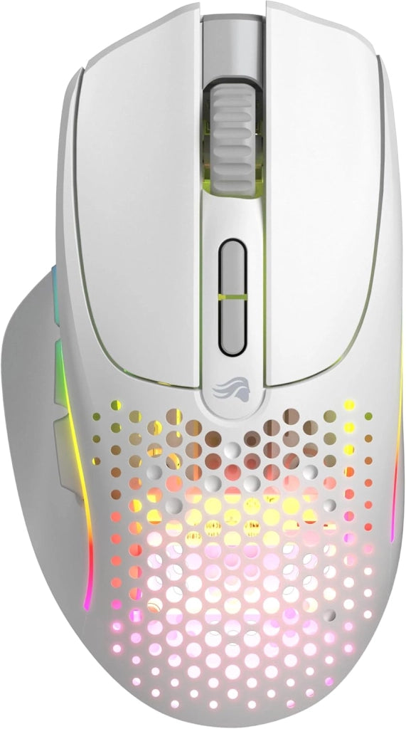 Gaming Model I 2 Wireless Mouse da gaming senza fili - 2,4 GHz e Bluetooth ibrido, superleg. 75 g, 9 tasti (2 scamb.), RGB, piedini PTFE, MMO/MOBA/sparatutto, supporto lat. pollice - Bianco