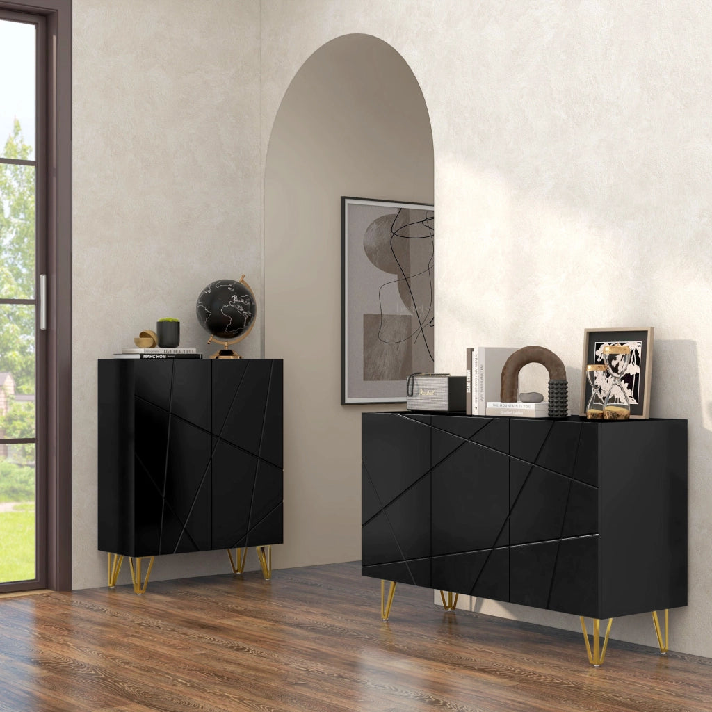 Mobile Contenitore con 2 Armadietti e Ripiano Regolabile, in Truciolato e Metallo, 120x40x75 cm, Nero e Oro