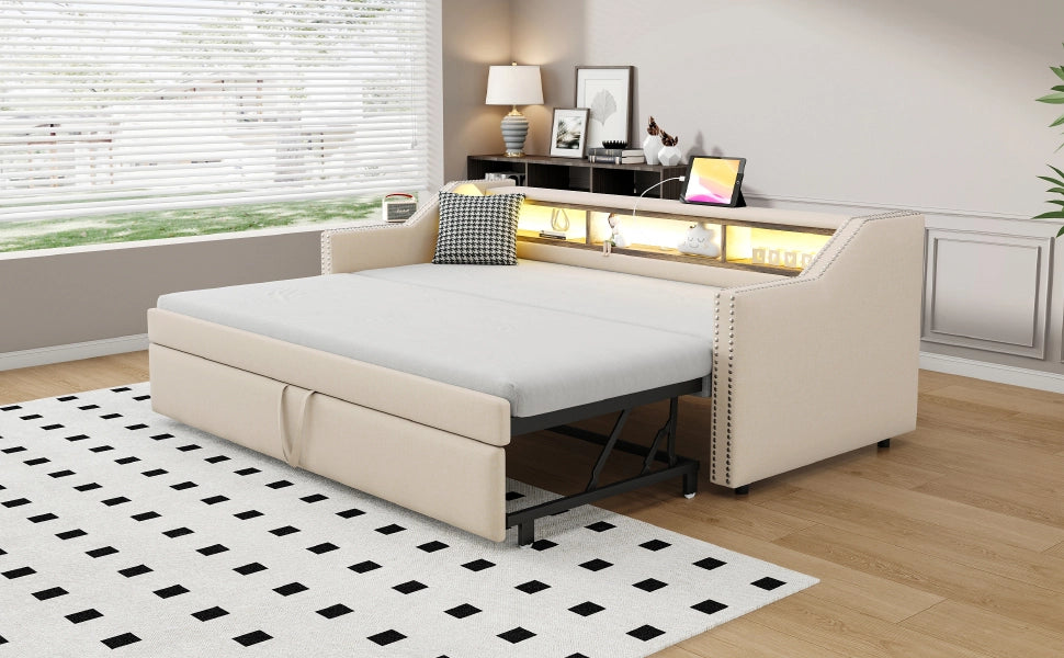 Letto divano estraibile 90 × 190 cm et 180 × 190 cm con 3 ripiani, LED, USB, con 2 materassi, beige