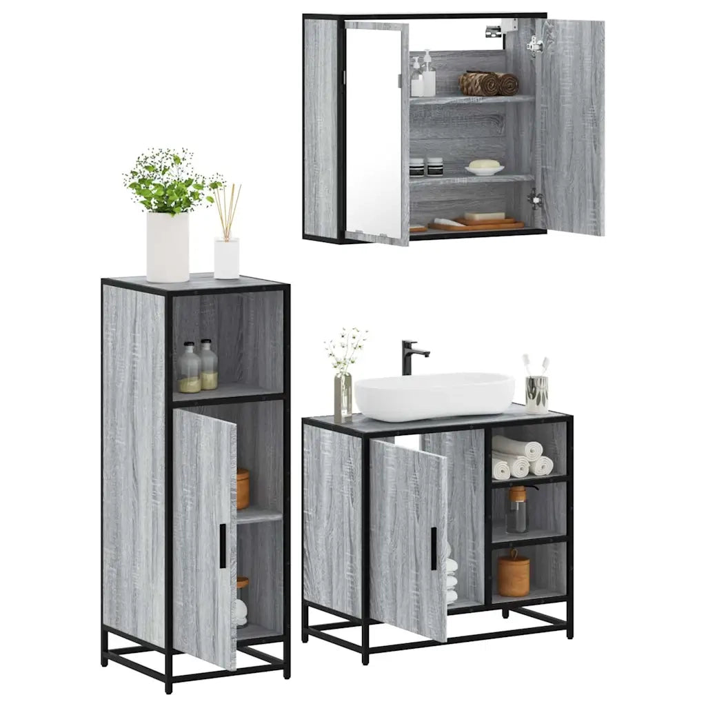 Set Mobili da Bagno | Armadio da bagno 3 pz Grigio Sonoma in Legno Multistrato