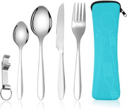 Set da cucina per campeggio a 5 pezzi - set da cucina in acciaio inossidabile con apripittura - set da cucina da viaggio con cucchiaio, coltello e forchetta - set da cucina per campeggio e pic nic per ufficio e scuola - colore blu