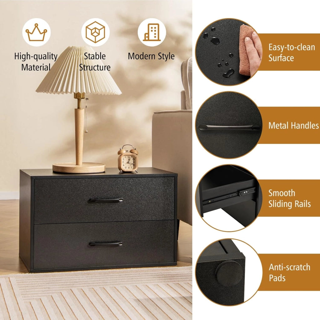Cassettiera con 2 cassetti, dispositivo antiribaltamento, piccolo mobile in legno, per camera da letto, soggiorno, ufficio, comodino, 60 x 34 x 38 cm (nero)