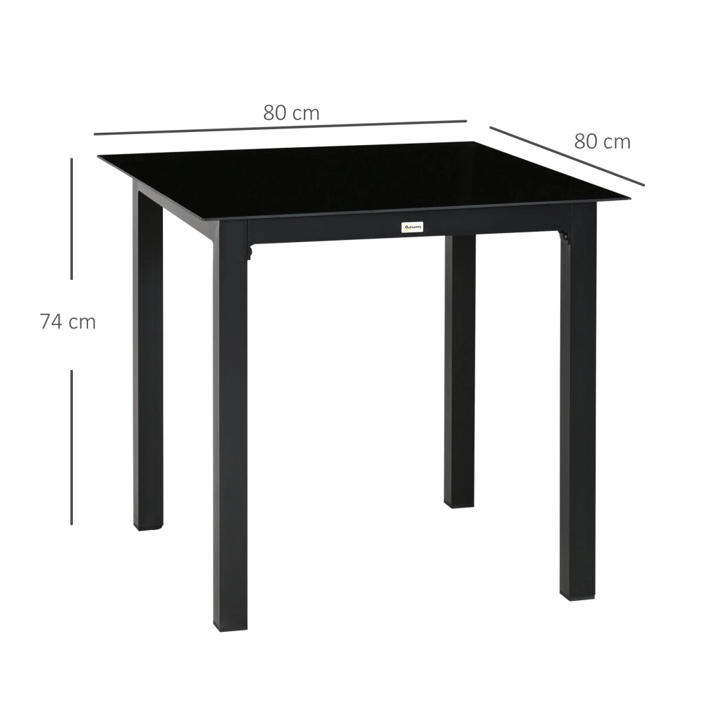OKWISH Tavolo da Giardino per 4 Persone con Piano in Vetro Temperato e Piedini Regolabili in Alluminio 80×80×74 cm Nero