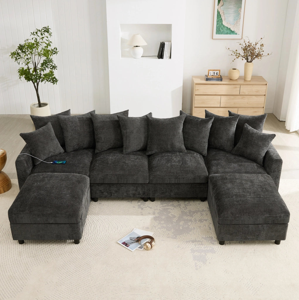 Divano modulare angolare U/L a 6 posti con 2 pouf; USB e Type-C; 283 cm; chenille grigio