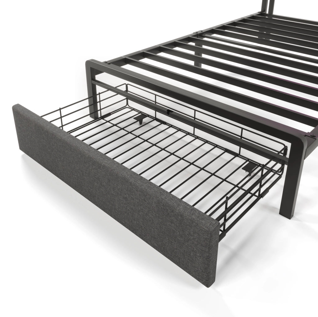Letto singolo 90x200 cm con LED; USB C e testiera contenitore con cassetto; tessuto di lino grigio