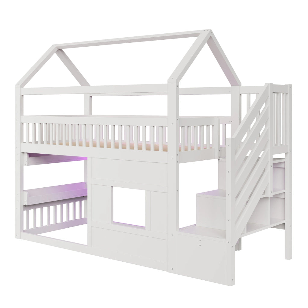 Letto a soppalco 90x200 cm con scala; vani portaoggetti e LED in MDF; legno e compensato bianco