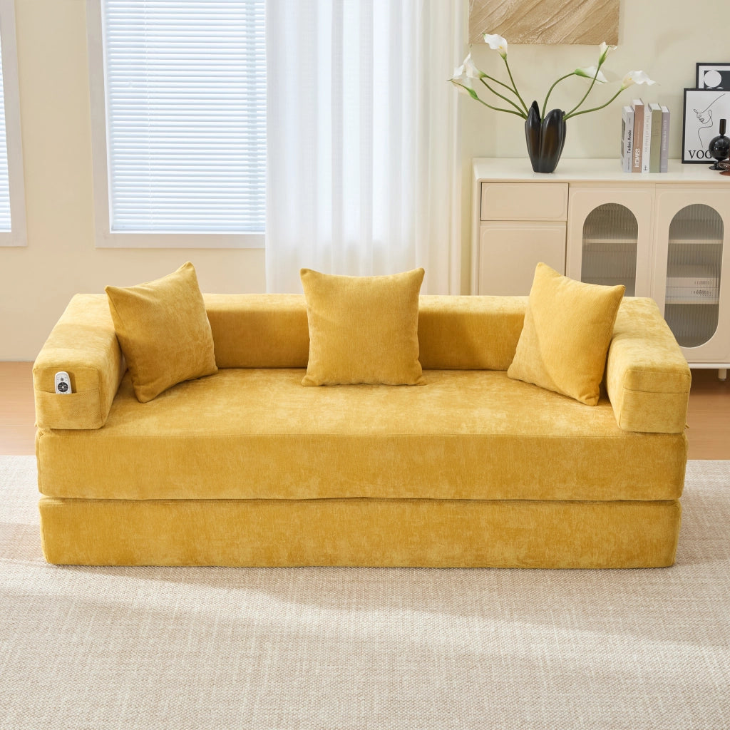 Divano modulare in ciniglia con tasche laterali, base antiscivolo e montaggio rapido, giallo senape 198 × 79 × 60 cm