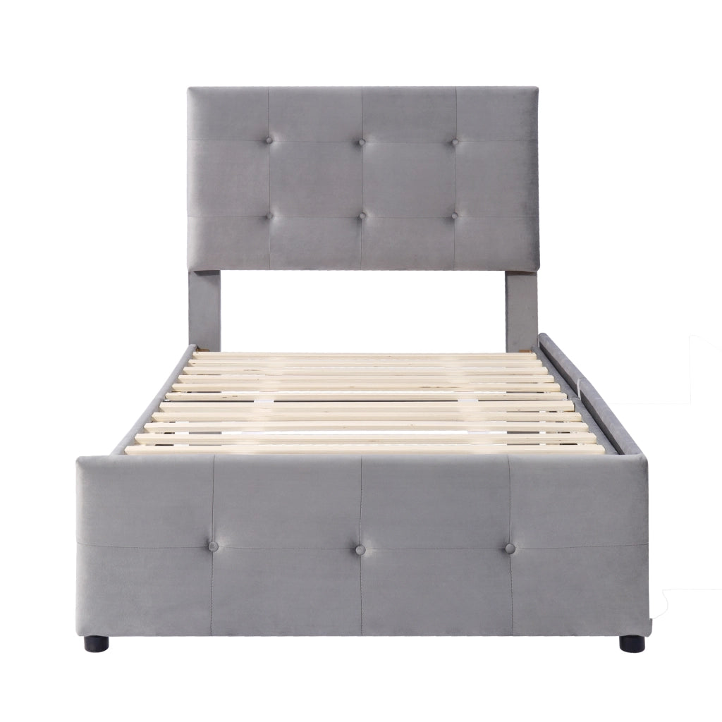 OKWISH Letto con Cassetto 90×200 cm, Letto Singolo con Cassetto, Testiera Regolabile e Rivestimento in Velluto, senza Materasso, Grigio