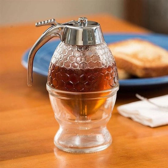 As in Acciaio Inox, Dispensatore di Miele in Vetro, Coperchio in ABS Argento Lucido – Vetro Liscio senza Gocce con Alloggio – 8 oz Miele in Vaso – Disegno di Miele con Gradiente – Vaso di Miele per Miele e Sciroppo di Acacia