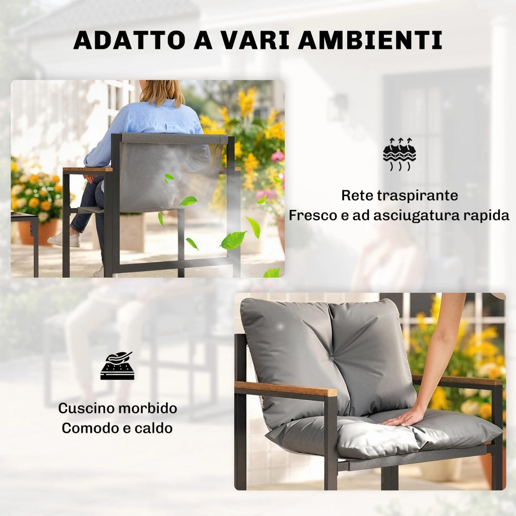 Set Tavolo e Sedie da Esterno per 3 Persone con Cuscini Spessi in Metallo Grigio