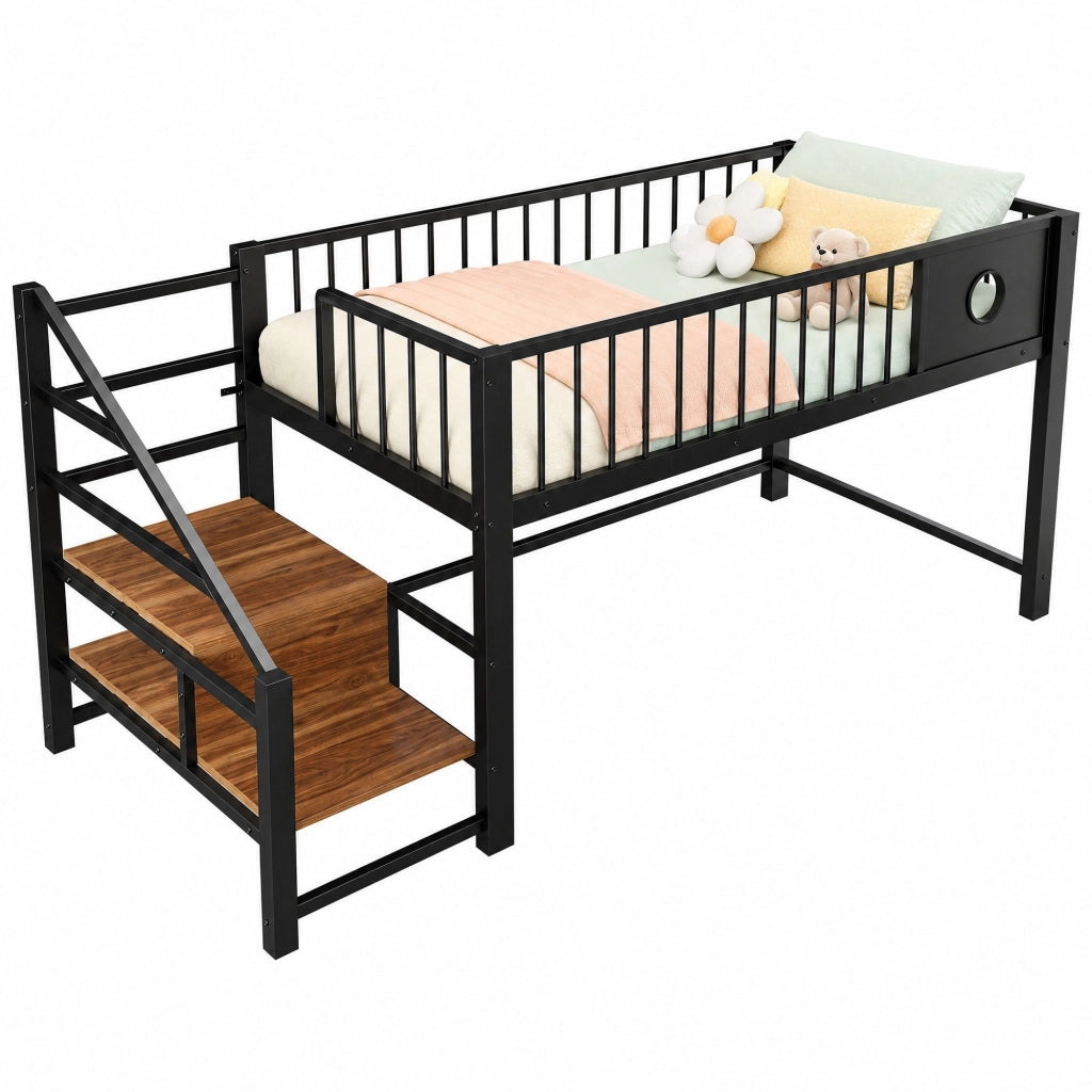 Letto a soppalco basso per bambini 90x200 cm in metallo; nero; con scala e spazio sotto