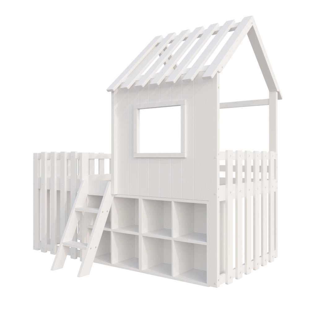 Letto per bambini 90x200 cm con tetto; finestre e vani portaoggetti in legno