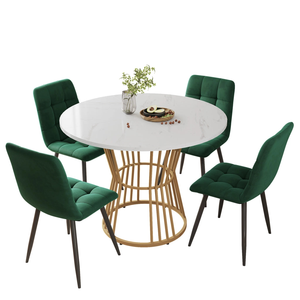 Tavolo da Pranzo Rotondo con 4 Sedie ¨C MINIMAL ¨C Piano MDF Bianco, Gambe Metallo Oro, Velluto Verde, ?100