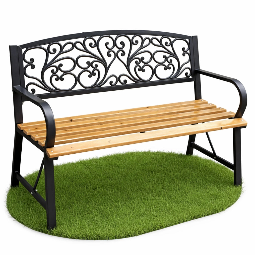 Panchina da giardino nera NERINA con legno laccato e gambe in ghisa larghezza 118 cm