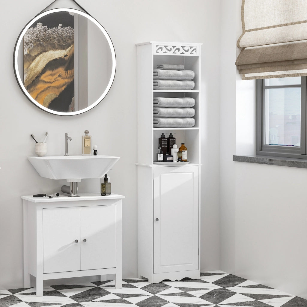 Mobiletto Bagno a Torre 3 Ripiani Regolabili e Armadietto ¨C zephmum ¨C MDF Bianco 40x23x160cm