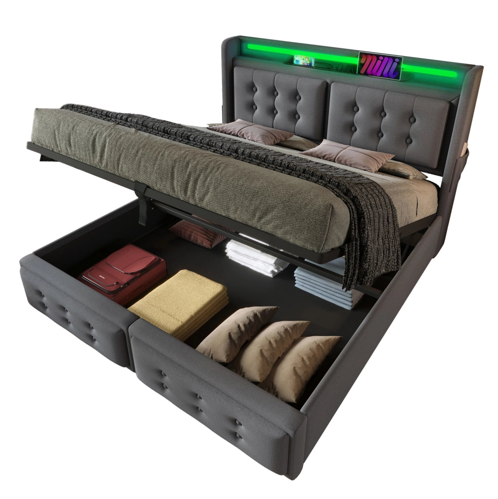 Letto matrimoniale 180x200 cm con contenitore; testiera con LED; prese e USB; grigio