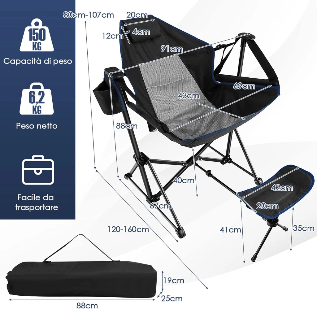 Sedia a Dondolo da Esterno Portatile, Sedia da Campeggio Pieghevole con Poggiapiedi Retrattile e Borsa da Trasporto, Ideale per Campeggio, Pesca e Picnic, Portata 150 kg (Nero)