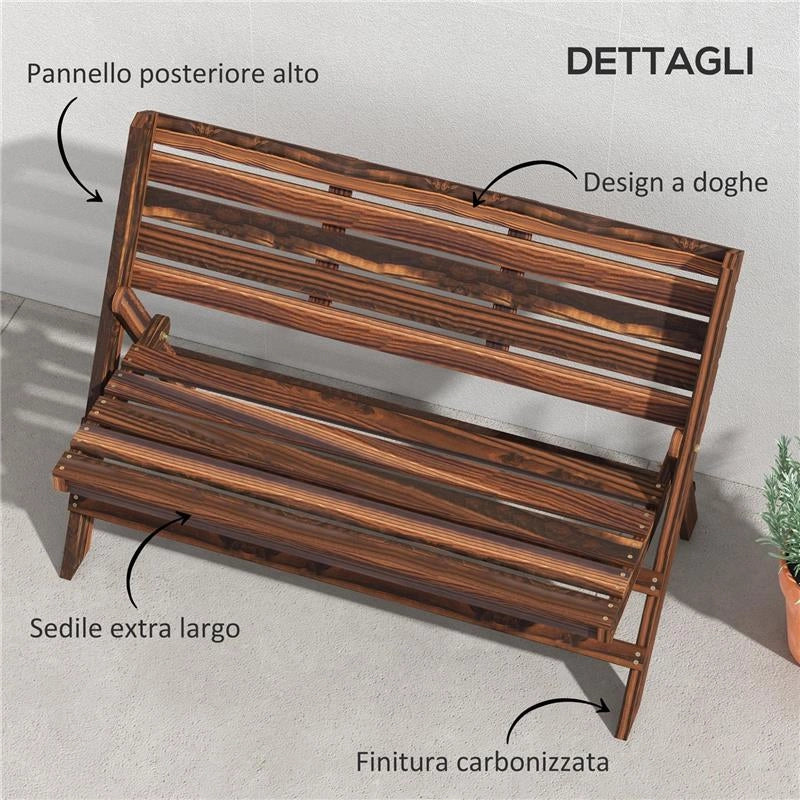 PANCHINA DA GIARDINO 2 POSTI PIEGHEVOLE A DOGHE IN LEGNO DI PINO, 122X63X83 CM, CARBONIZZATO