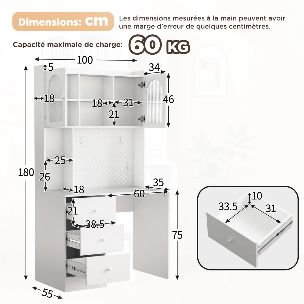 Scrivania con 3 cassetti; 6 vani e bacheca - per studio - in MDF - 100×55×180 cm - bianco