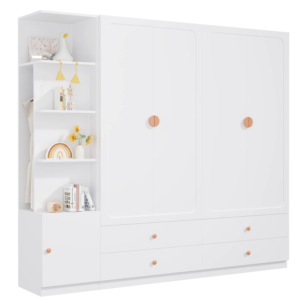 Armadio bianco con 3 aste appendiabiti e 4 cassetti; 225 x 45 x 200 cm