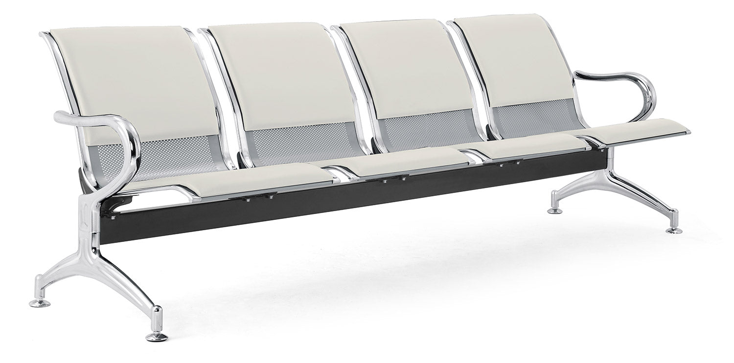 Panca per Sala Attesa 4 Posti da Ufficio con Cuscino in Acciaio e Similpelle Argento/Avorio