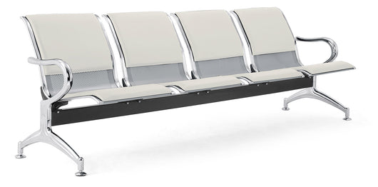 Panca per Sala Attesa 4 Posti da Ufficio con Cuscino in Acciaio e Similpelle Argento/Avorio