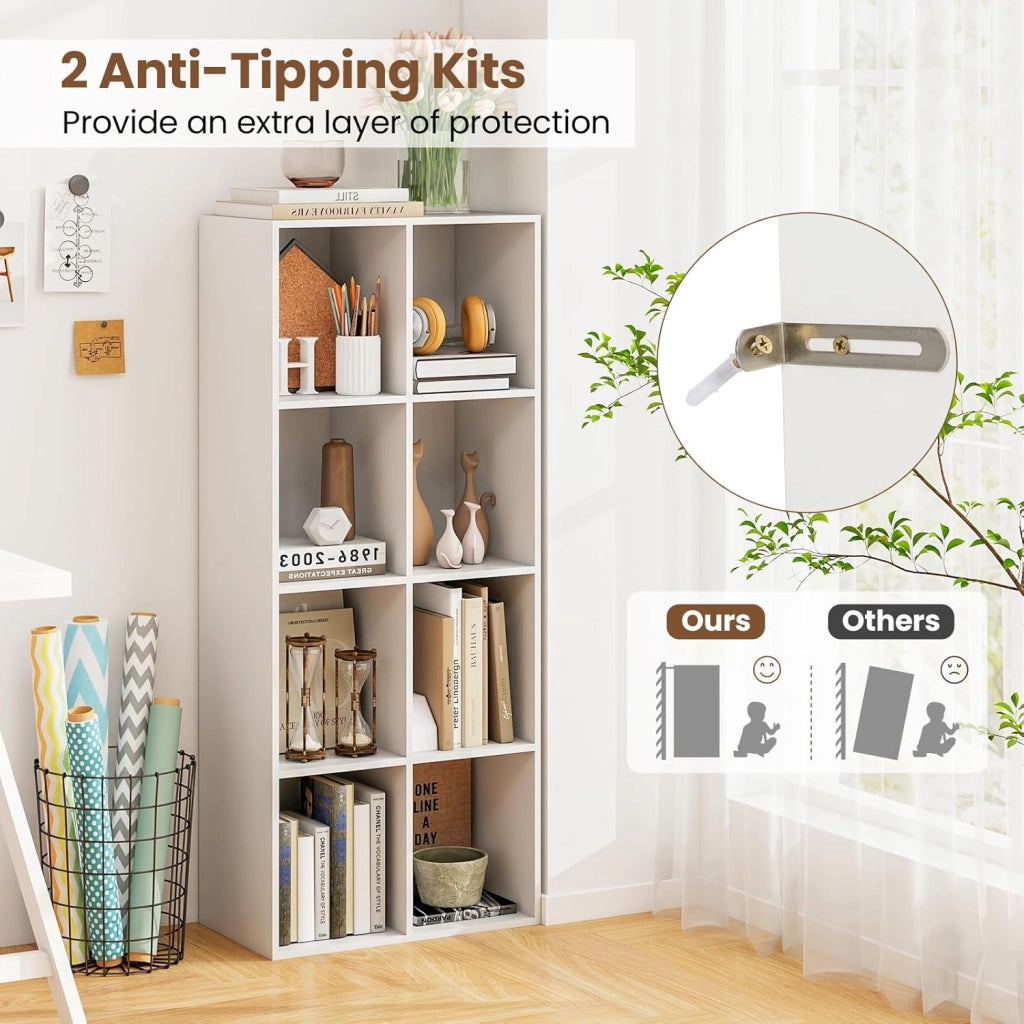 Libreria Scaffale con 8 Cubi, Libreria Legno con 2 Dispositivi Antiribaltamento, Mobile Contenitore per Soggiorno, Camera da Letto, Ufficio, 121,5 x 29 x 61 cm (Bianco)